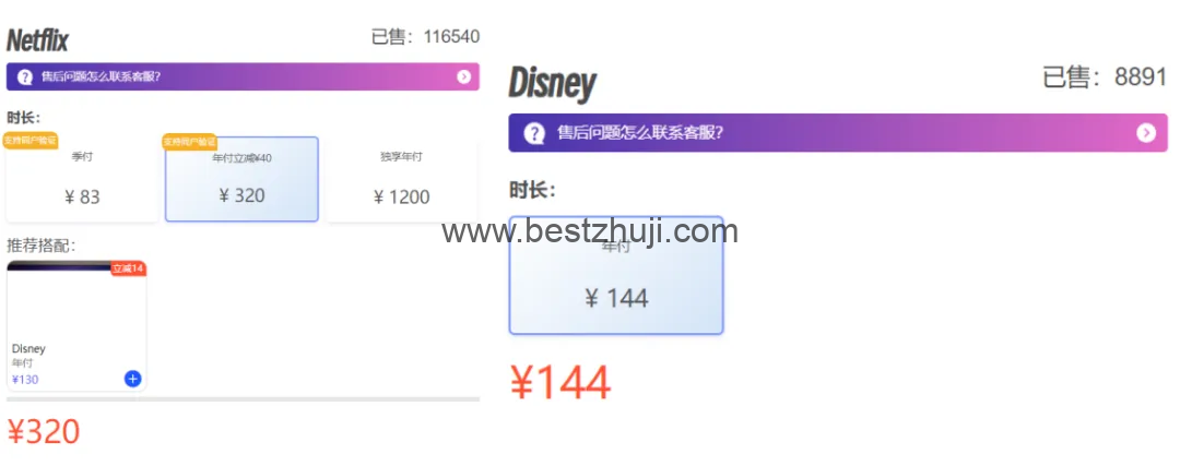 银河奈飞和Disney产品价格